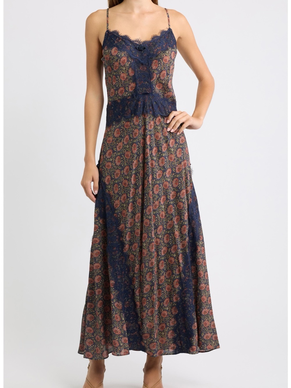 Hill House- Women’s Navy Blue and Rust Floral Lace-Trim Maxi Dress